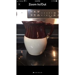 R.R.P. Co Roseville Ohio Pottery Pitcher Brown & Tan Pitcher Juice Milk Cream 6”